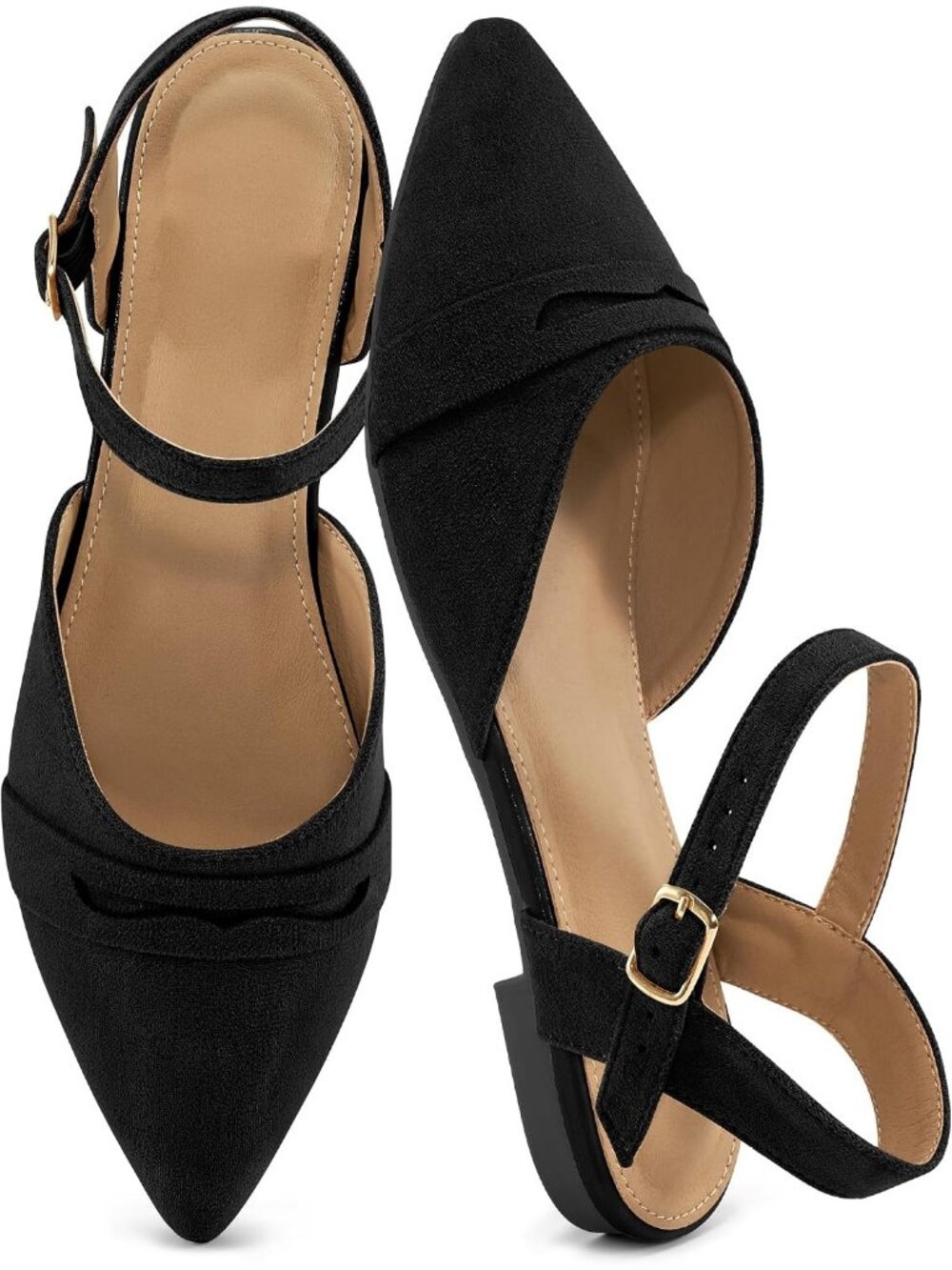 Women's Black Slingback Closed Pointed Toe Comfortable Dressy Flat Casual Shoes - Picture 1 of 6